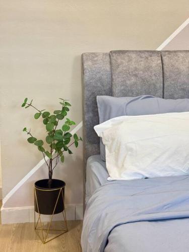 a potted plant sitting next to a bed at Villa 2bedroom 14min Sutera Mall&Paradigm&Legoland&5min Xin Wan Chay in Johor Bahru