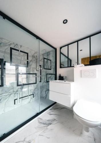a bathroom with a toilet and a glass shower at Le Pèlerin in Mons