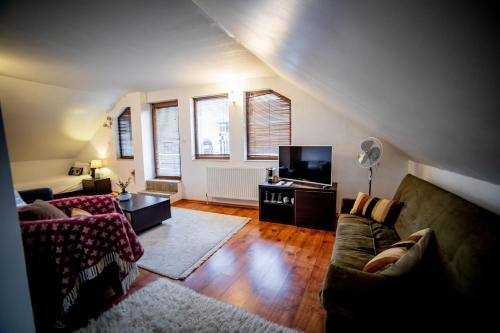 a living room with a couch and a tv at Velinov Boutique Hotel in Bansko