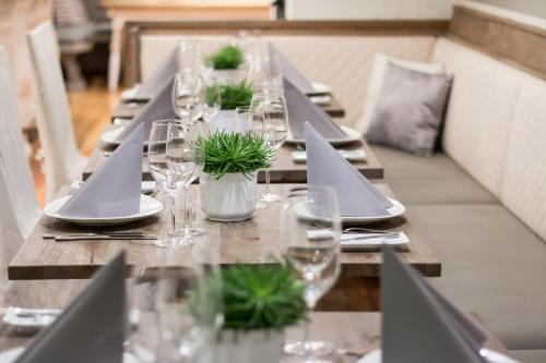 a long table with glasses and plants on it at Villa Bucher - Metnitztalerhof in Friesach