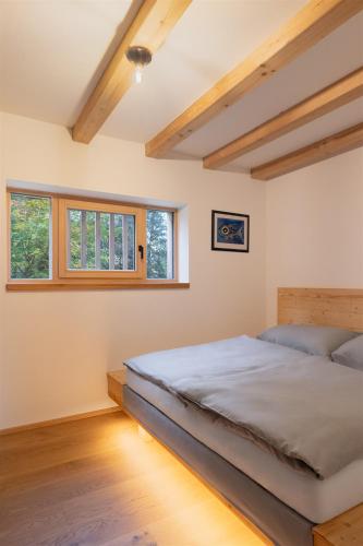 a bedroom with a bed and two windows at Pilnikárna in České Křižánky