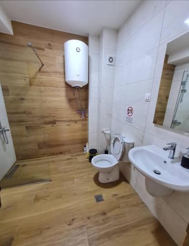 a bathroom with a toilet and a sink and a shower at Bojana Apartment Penthouse in Negotino