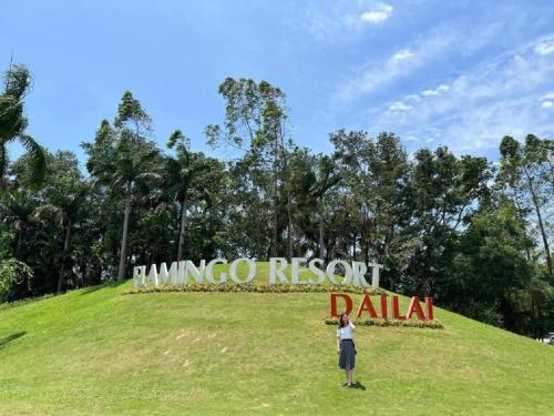 a person flying a kite in front of a sign at Flamigo Dai Lai Resort - Happy Villa in Ngọc Quang