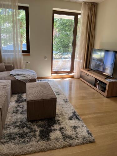 a living room with a couch and a flat screen tv at Mountain Bliss 1-BR in Borovets
