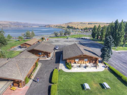 an aerial view of a house with a lake at Soap Lake Natural Spa & Resort in Soap Lake