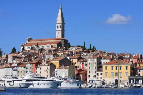 un grupo de barcos atracados en el agua cerca de una ciudad en Apartments Regent 3, en Rovinj
