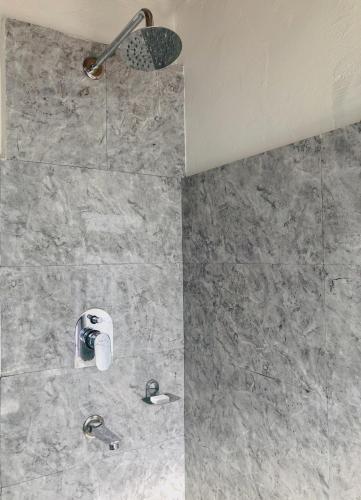 a bathroom with a shower with a sink at Xanadu Homes in Jomsom