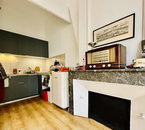 une cuisine avec un comptoir avec un micro-ondes dans l'établissement Panorama Fondaudege, à Bordeaux