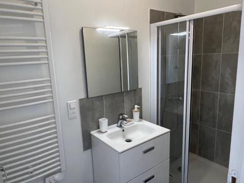 a white bathroom with a sink and a shower at Vue sur Jardin - Netflix - Stationnement gratuit in Migennes