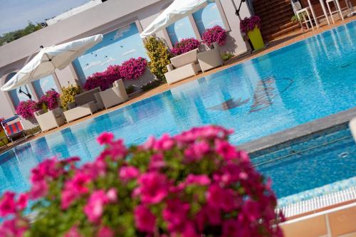 a swimming pool with pink flowers in front of it at Hotel Terme Cristoforo in Abano Terme