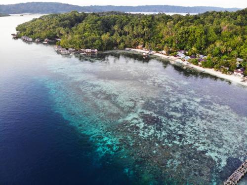 an aerial view of an island in the water at Indos Homestay-Raja Ampat in Besir