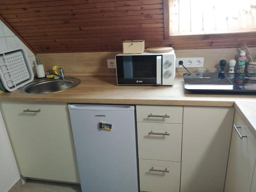 a kitchen with a microwave and a refrigerator and a sink at CsillaG Apartman in Kisapáti