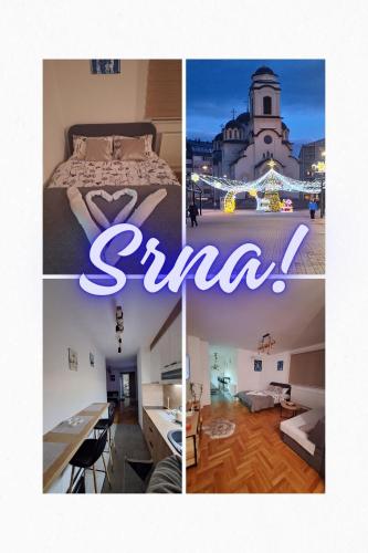 a collage of photos with a bed and a city at Apartman Srna Pale in Pale