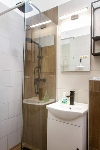 a bathroom with a shower and a sink at Hero Square Condo in Budapest