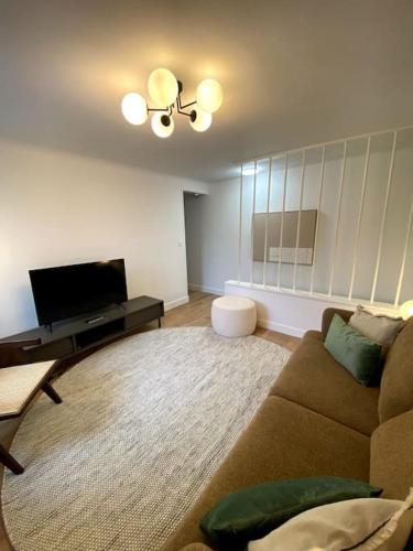 un salon avec un canapé et une télévision dans l'établissement Superbe T2 rénové 2km Gare avec parking privé, à Massy