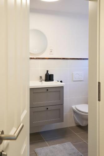 a bathroom with a sink and a toilet at Ferienwohnung Tromei-Hof in Oberderdingen