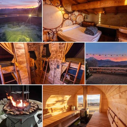 un collage de photos d'une chambre d'hôtel avec une cheminée dans l'établissement Le refuge des Toupins, à Prunières