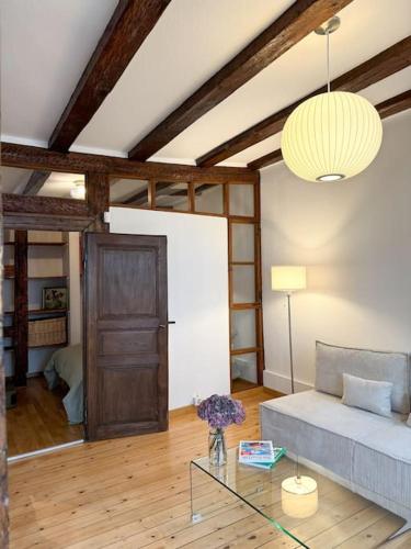 un salon avec un canapé et une table en verre dans l'établissement Appartement cosy au centre-ville, à Strasbourg
