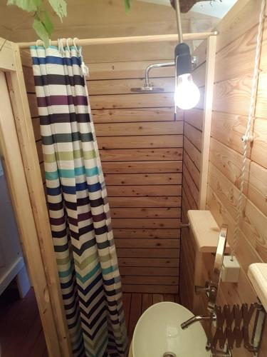 a bathroom with a shower curtain and a toilet at Camping RioRequesa in Campore