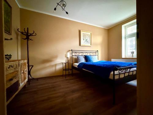 a bedroom with a bed with blue sheets and a window at Apartmány za Královskou mincovnou in Jáchymov
