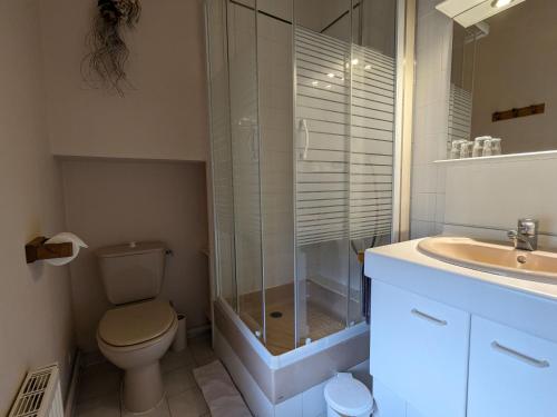 a bathroom with a shower and a toilet and a sink at Chambres d'hôtes de charme au Pays des Châteaux avec Wi-Fi - FR-1-590-333 in Tavers