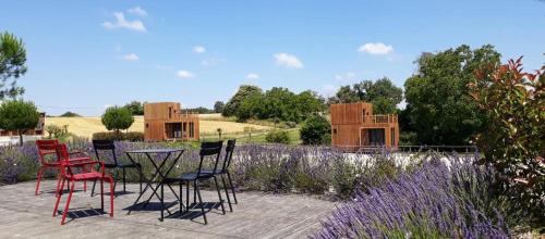 a group of chairs and a table in a garden at Manège de la Chapinière - DadaLoge tiny-house in Châteauvieux