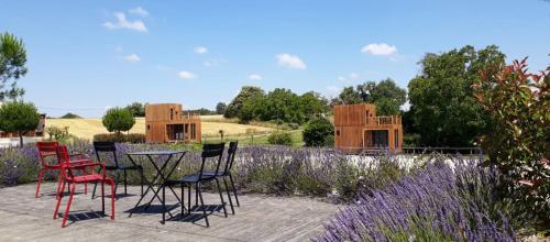 a group of chairs and a table in a garden at Manège de la Chapinière - DadaLoge tiny-house in Châteauvieux