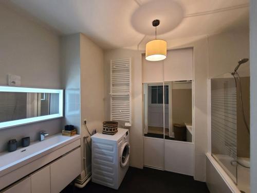 une salle de bain avec un lavabo et une machine à laver dans l'établissement Appartement confortable 4 pers à Épinal avec parking privatif - FR-1-589-682, à Épinal