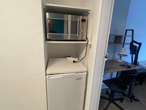 Un four micro-ondes est installé au-dessus d'un réfrigérateur. dans l'établissement Appartement cosy au centre d'Épinal, proche attractions - FR-1-589-694, à Épinal