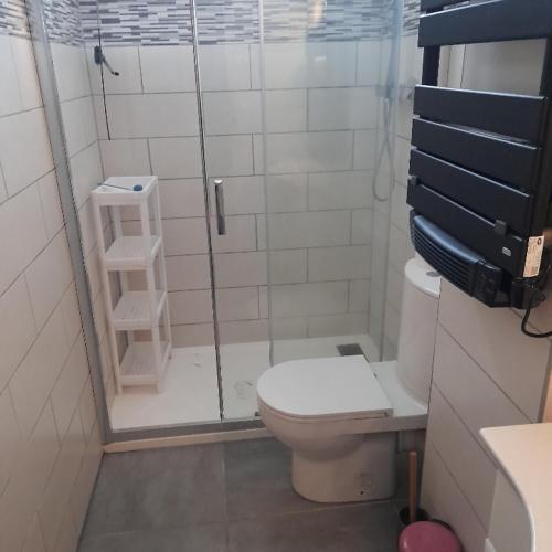 une salle de bain avec toilettes et douche en verre dans l'établissement Appartement à côté de la plage, au Barcarès