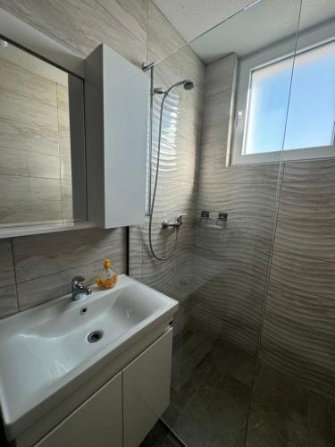 a bathroom with a sink and a glass shower at Hotel Palace Struga in Struga