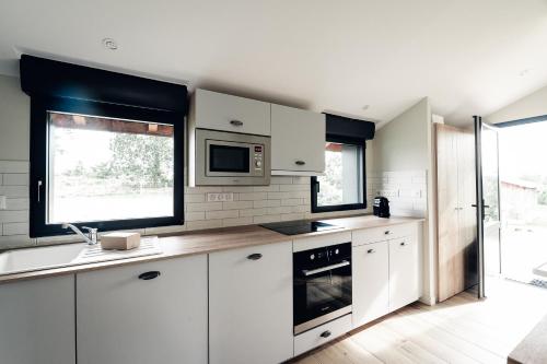 une cuisine avec des armoires blanches et un micro-ondes dans l'établissement Maison des Dunes, à Saint-Julien-en-Born