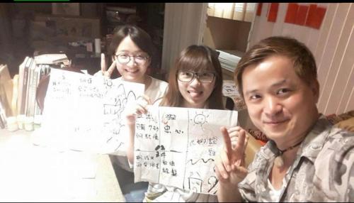 a group of three people holding up pieces of paper at 集集藝術家背包客之家Jiji Art Backpackers Hostel in Jiji