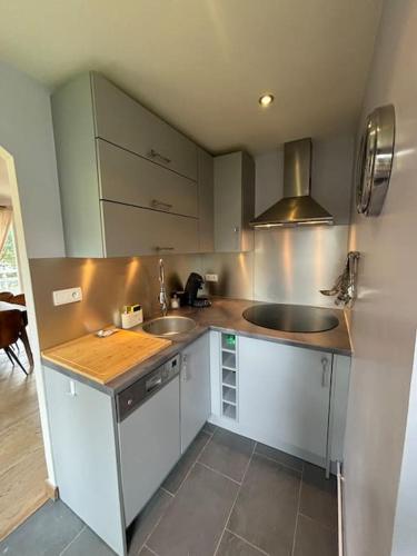 une cuisine avec deux lavabos et un comptoir dans l'établissement Danica le Touquet 2 places de parking, à Le Touquet-Paris-Plage