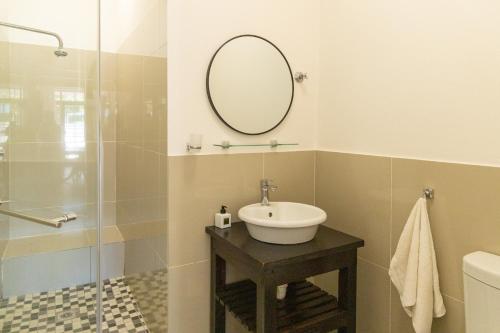 a bathroom with a sink and a mirror at Mitre's Edge Simonsberg Studio in Klapmuts