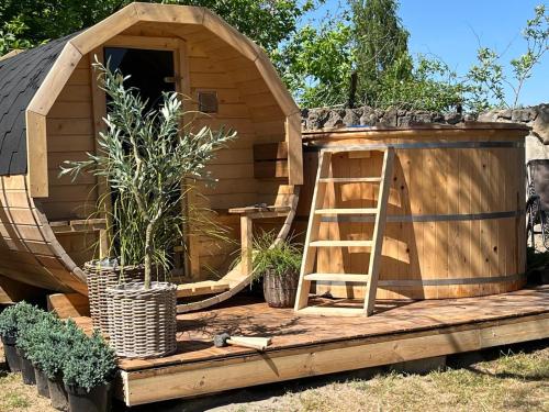 a wooden hobbit house with a ladder and plants at Dobry Czas in Sandomierz