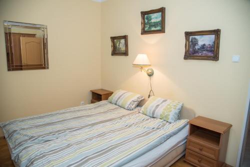 a bedroom with a bed with two pillows and a lamp at Centrum Suite in Hévíz