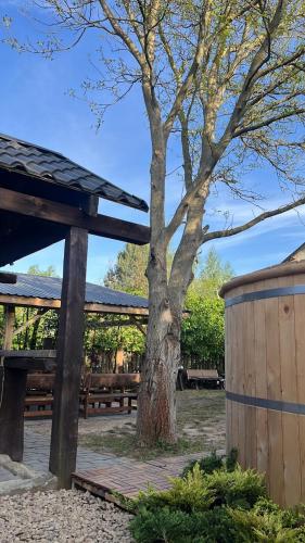 a tree sitting next to a wooden fence and a tree at Dobry Czas in Sandomierz