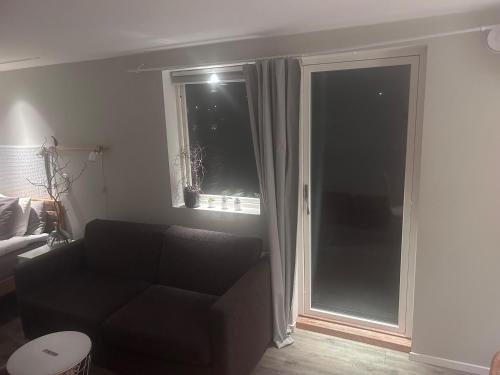 a living room with a couch and a window at Stockholms home away from home in Stockholm
