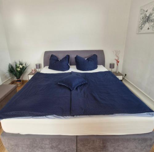 a bedroom with a large bed with blue sheets and pillows at Ferienwohnung Mit Herz in Diez