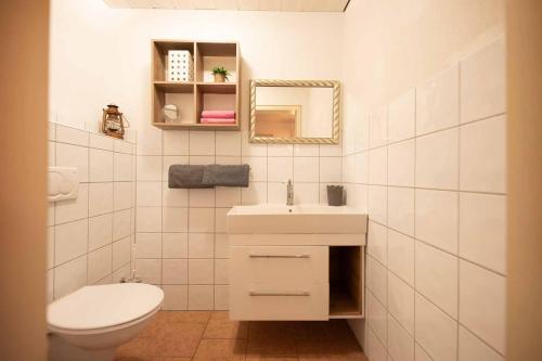 a white bathroom with a toilet and a sink at Alpen-Apartment Neustift in Neustift im Stubaital