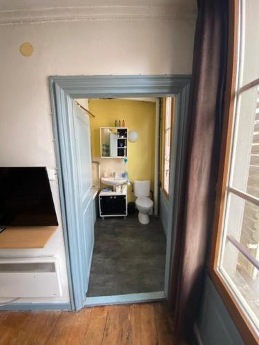- un couloir d'une salle de bains pourvue de toilettes et d'un miroir dans l'établissement Studio Cosy plein centre-ville, à Strasbourg