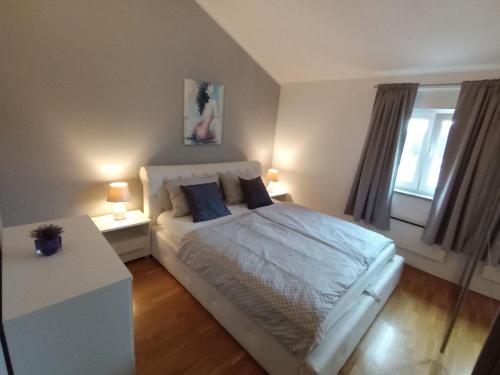 Un dormitorio con una cama blanca con almohadas azules. en Apartment Anchy, en Umag