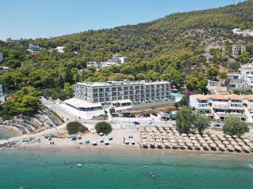 an aerial view of a hotel on a beach at New Aegli Resort Hotel in Poros