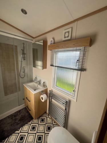 a bathroom with a sink and a toilet and a window at The Luxe Lodge, Skipsea Sands Bridlington in Ulrome