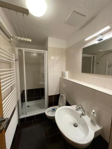 a bathroom with a sink and a shower and a toilet at Apartman Harrachov - Resident in Harrachov