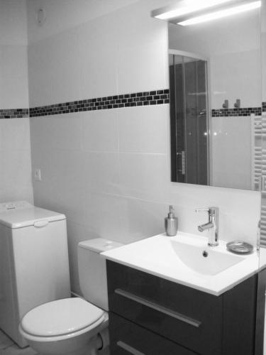 une salle de bain avec toilettes, lavabo et miroir dans l'établissement PERLE et ÉCUME à L OCEANIC, à Royan