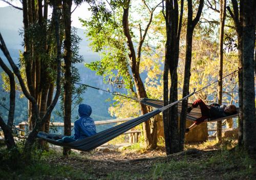 two people sitting in a hammock in the woods at Away with the Fairies Nature Lodge and Backpackers in Hogsback
