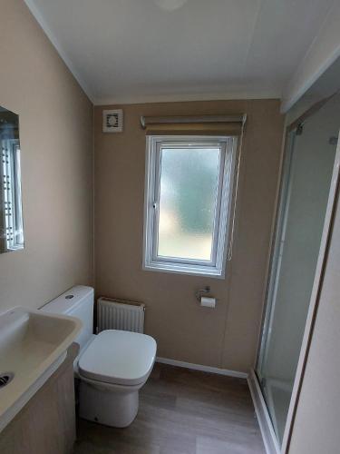 a bathroom with a toilet and a sink and a window at Tulip Lodge at Oakdene - Passes included free! in Ferndown