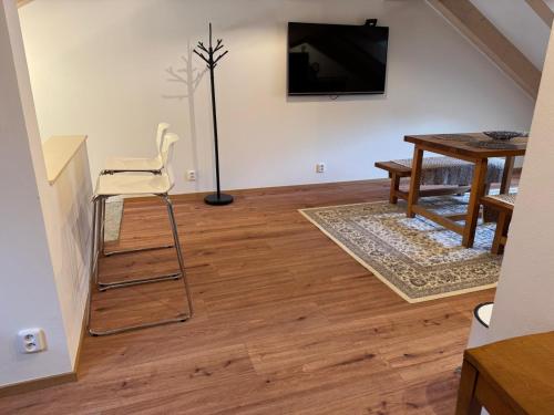 a living room with a chair and a television on a wall at Apartmány za Královskou mincovnou in Jáchymov